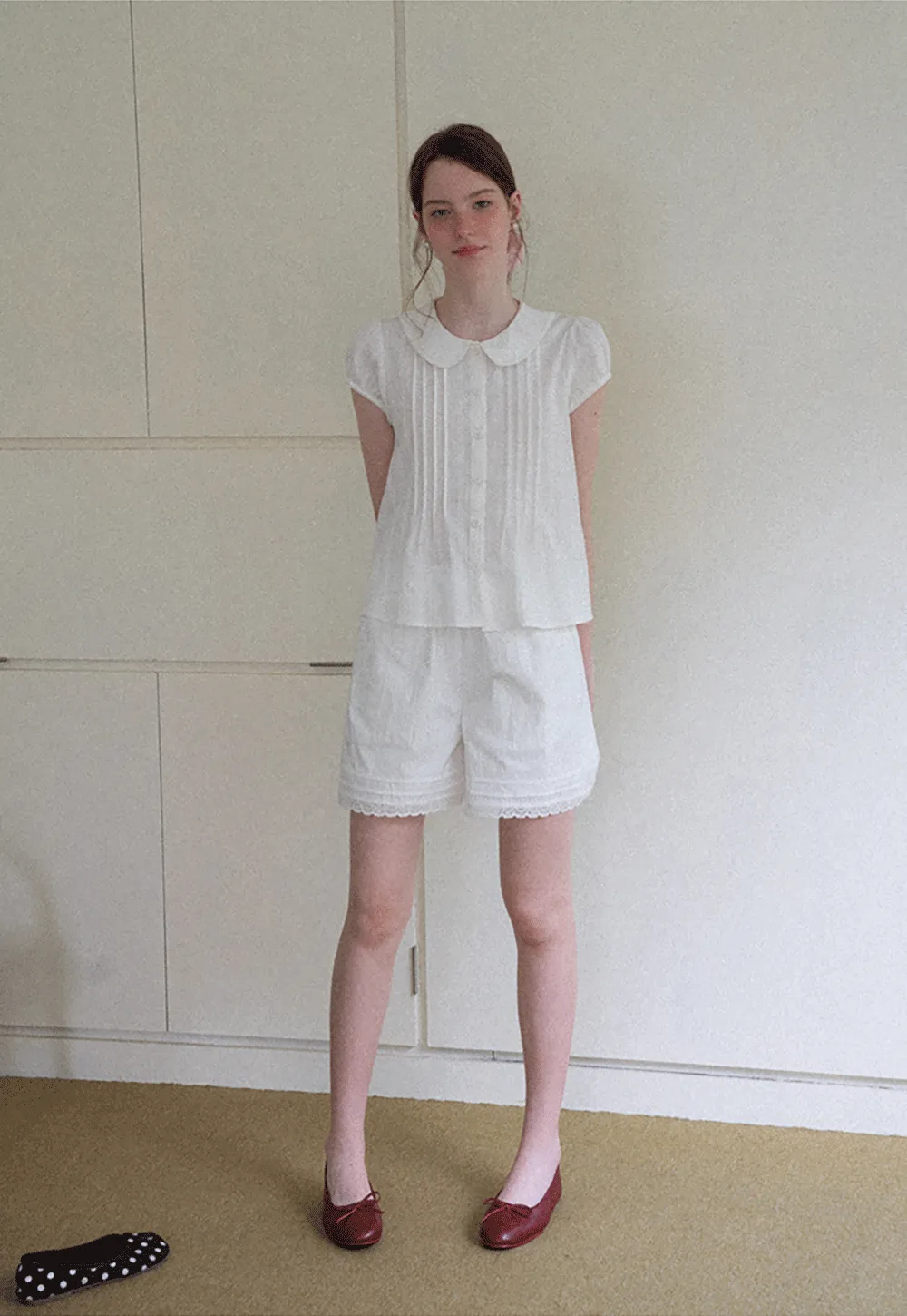 Pleated Front Peter Pan Collar Short Sleeve Shirt