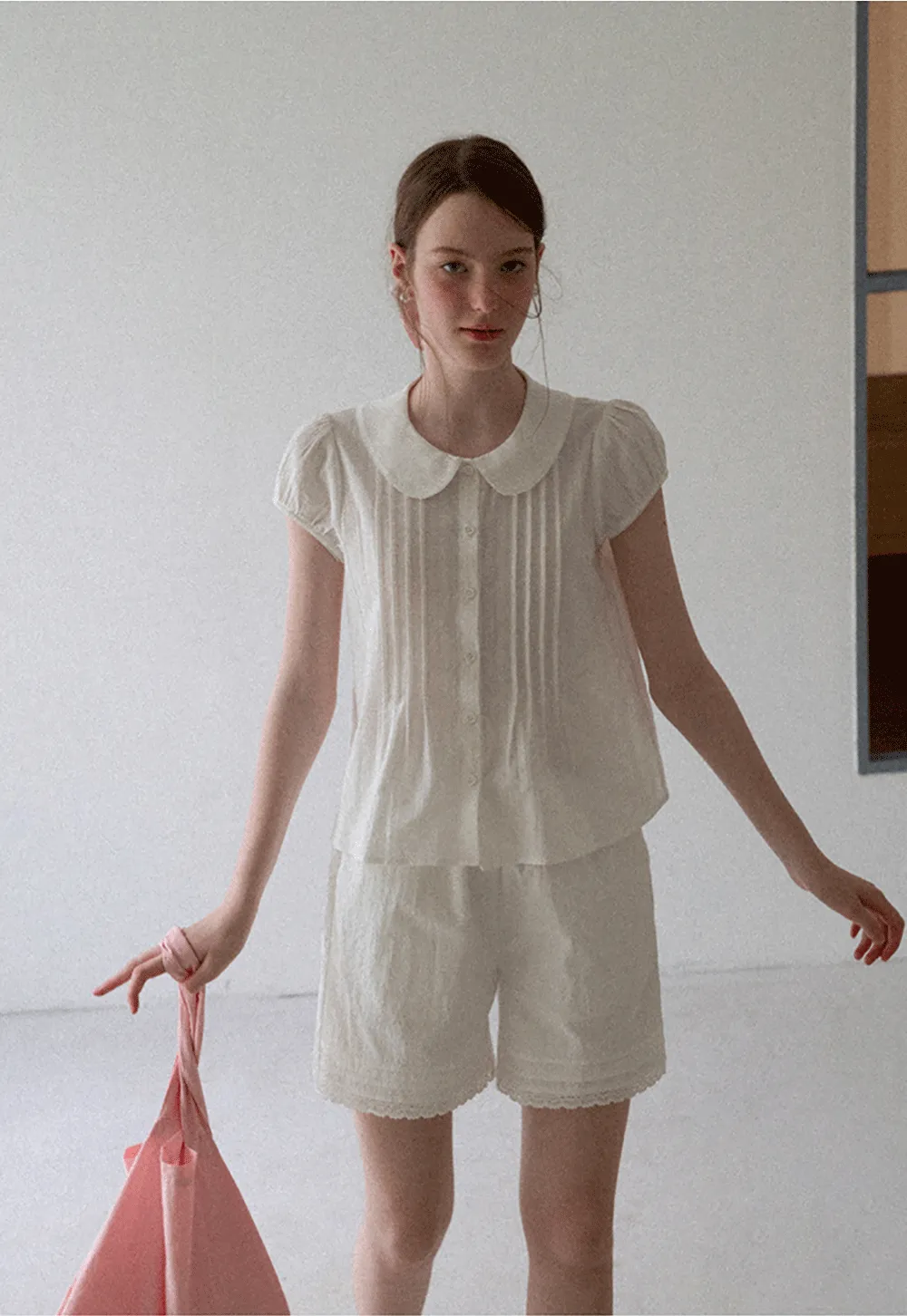 Pleated Front Peter Pan Collar Short Sleeve Shirt