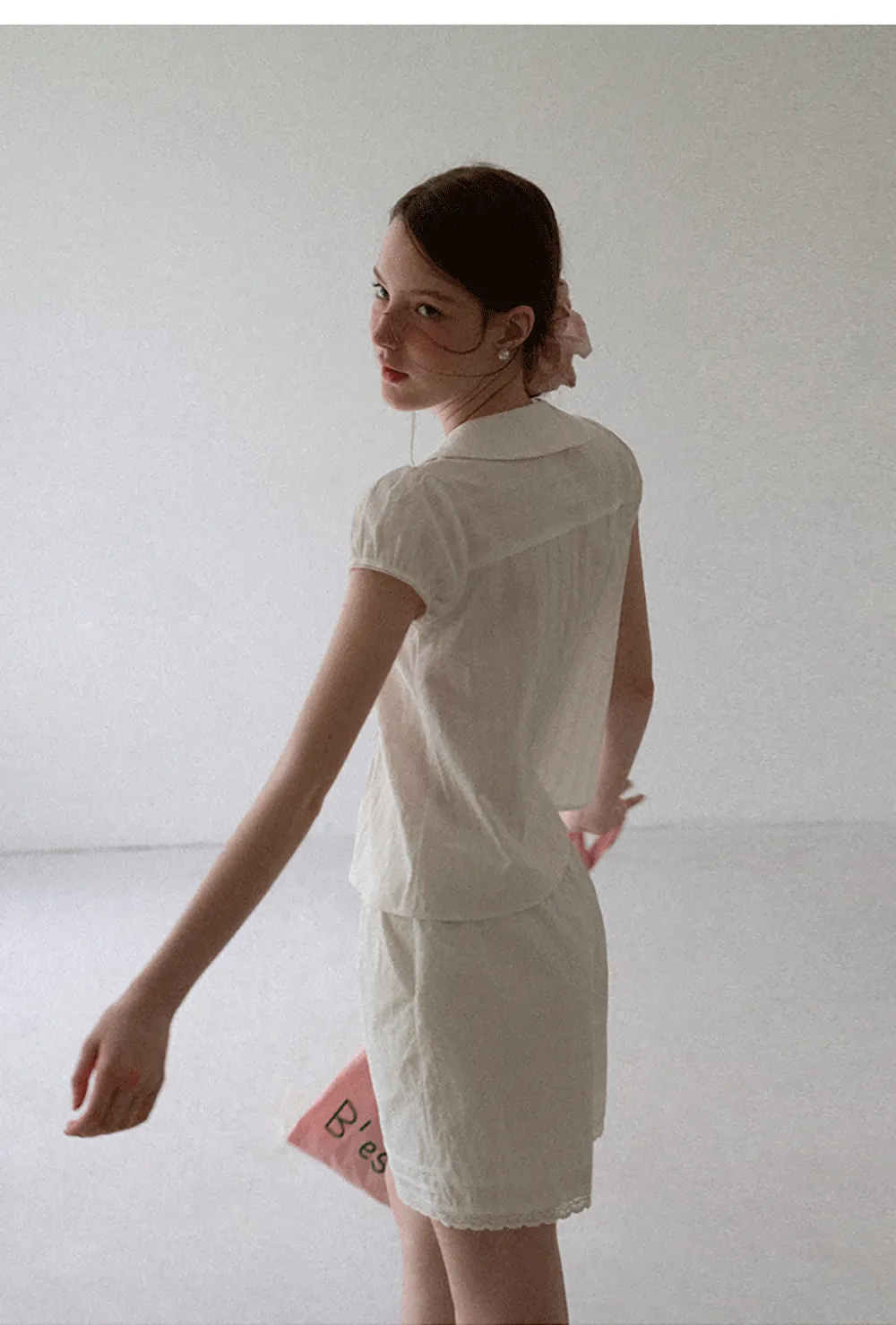 Pleated Front Peter Pan Collar Short Sleeve Shirt