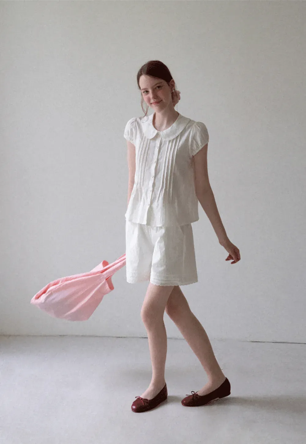 Pleated Front Peter Pan Collar Short Sleeve Shirt