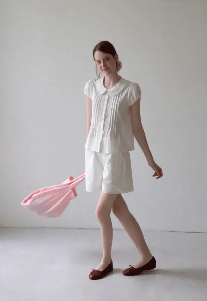 Pleated Front Peter Pan Collar Short Sleeve Shirt