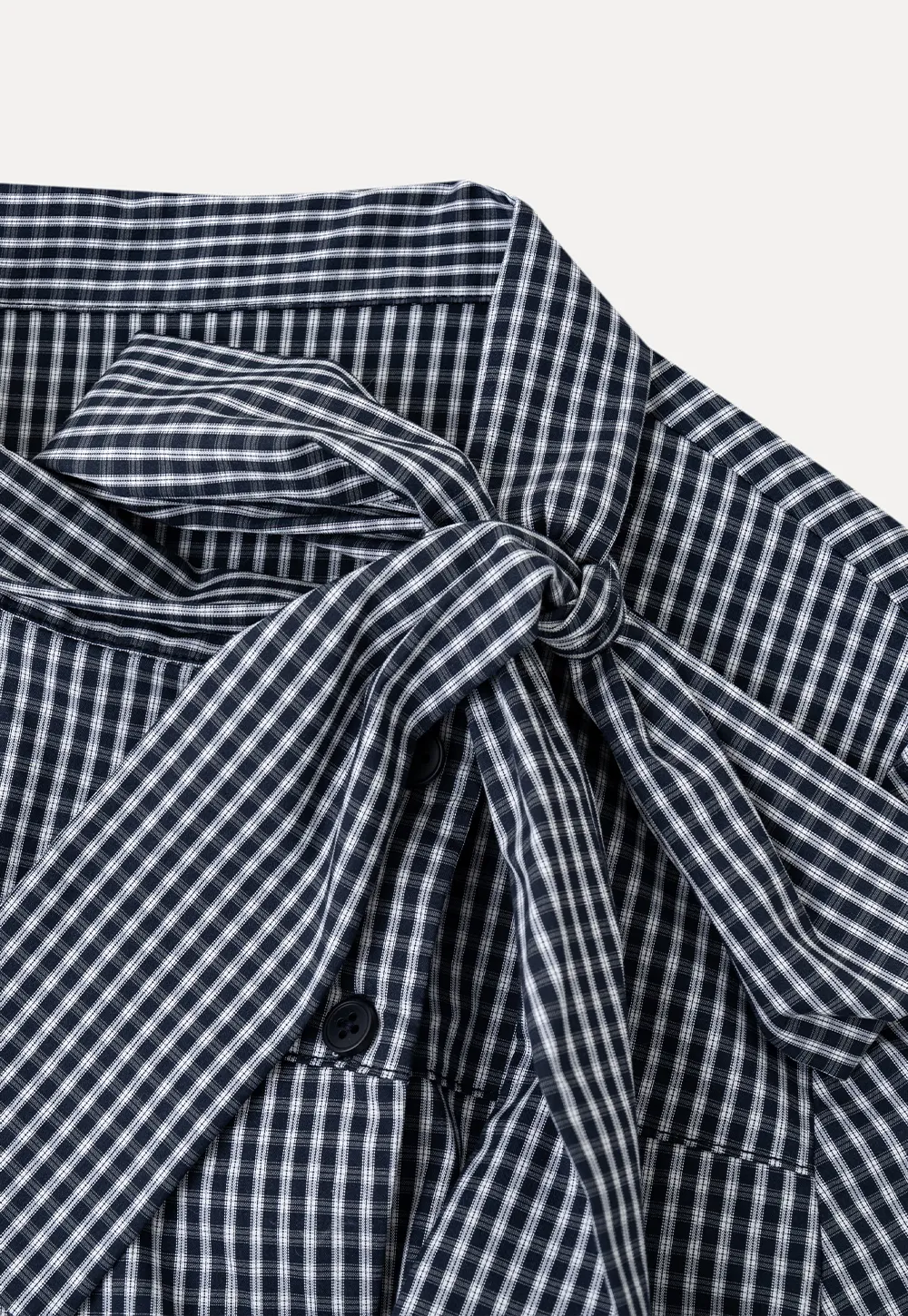Kemeja Lengan Pendek Butang Gingham Check dengan Leher Tali