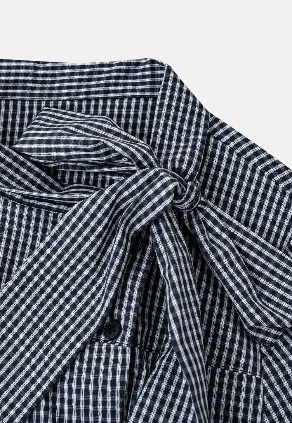 Kemeja Lengan Pendek Butang Gingham Check dengan Leher Tali