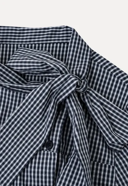Kemeja Lengan Pendek Butang Gingham Check dengan Leher Tali