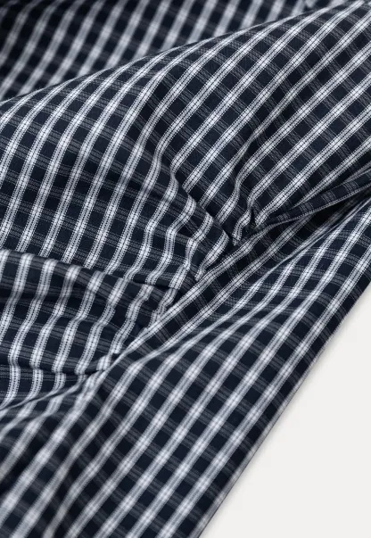Kemeja Lengan Pendek Butang Gingham Check dengan Leher Tali