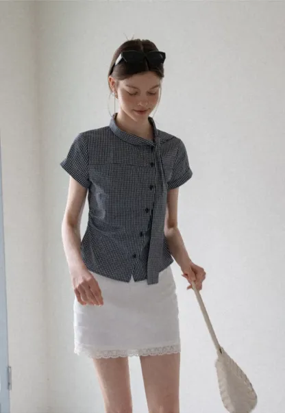 Kemeja Lengan Pendek Butang Gingham Check dengan Leher Tali
