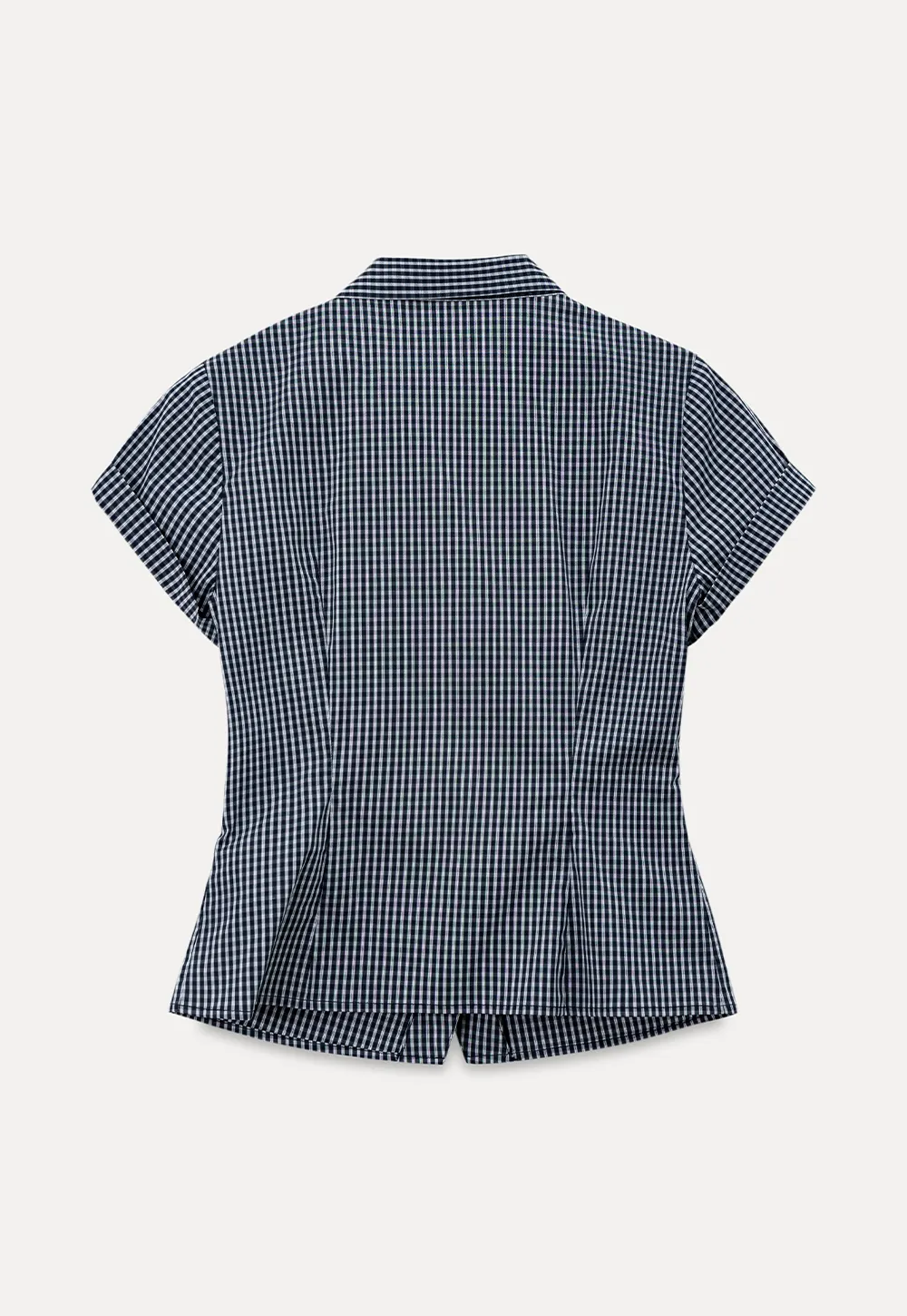 Kemeja Lengan Pendek Butang Gingham Check dengan Leher Tali