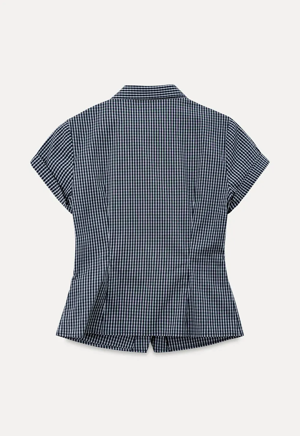Kemeja Lengan Pendek Butang Gingham Check dengan Leher Tali