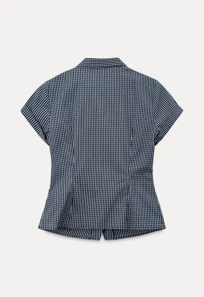Kemeja Lengan Pendek Butang Gingham Check dengan Leher Tali