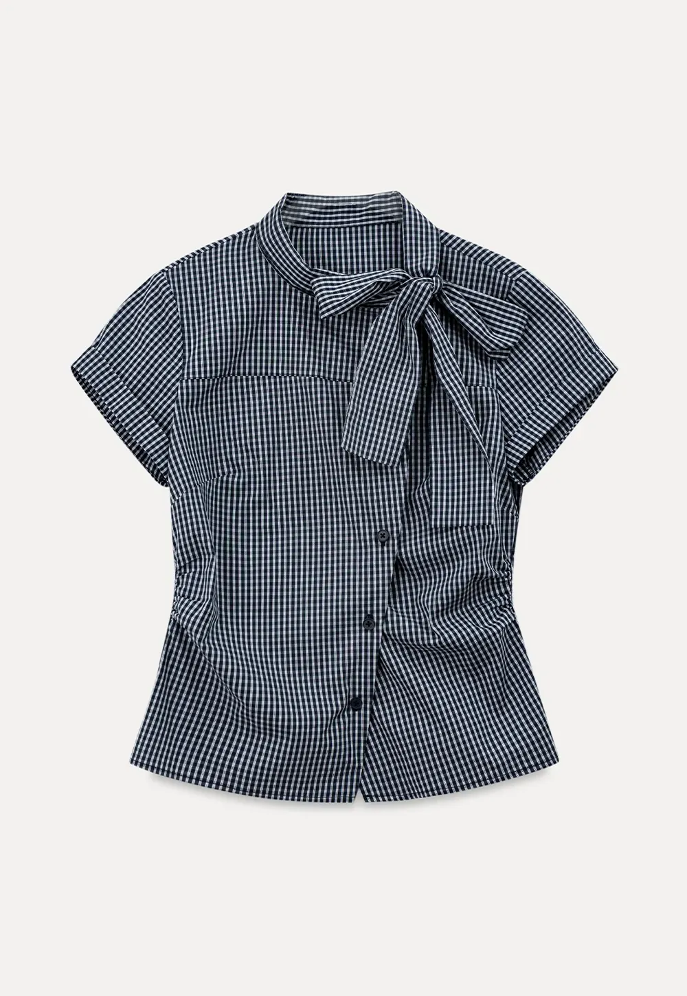 Kemeja Lengan Pendek Butang Gingham Check dengan Leher Tali