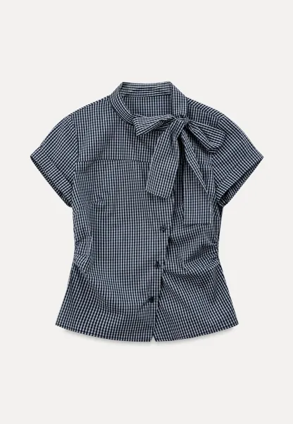 Kemeja Lengan Pendek Butang Gingham Check dengan Leher Tali
