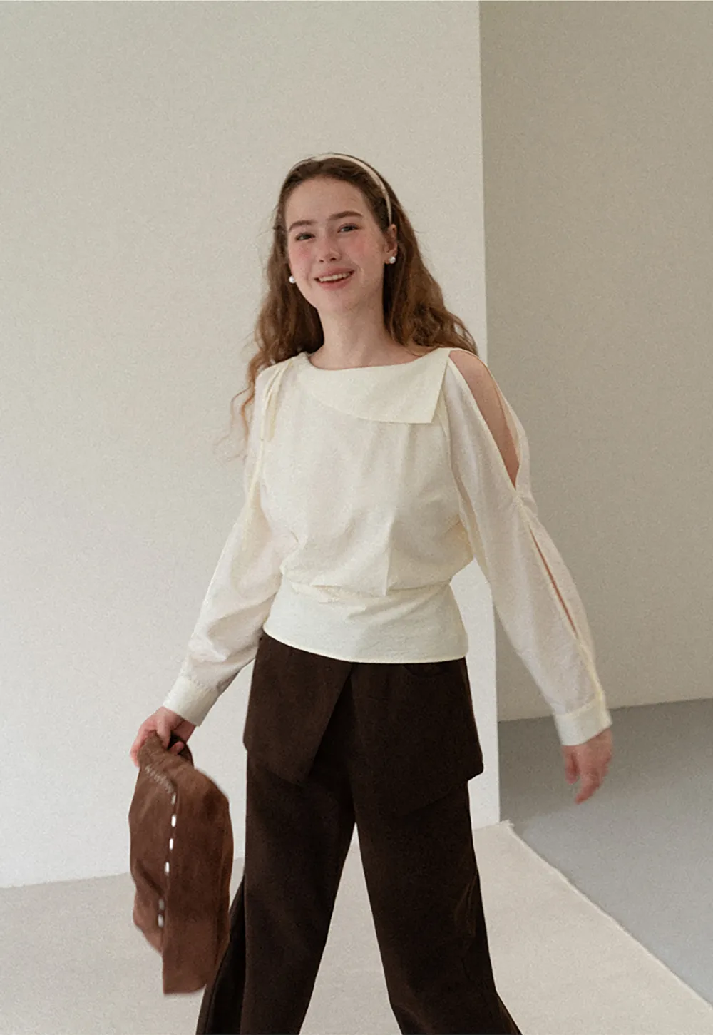 Asymmetrical Shoulder Cutout Collar Shirt