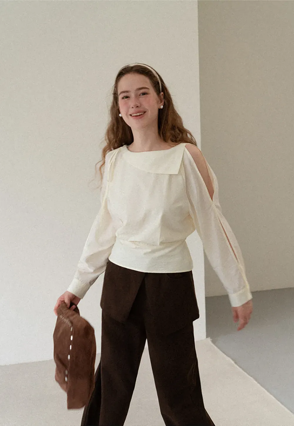 Asymmetrical Shoulder Cutout Collar Shirt