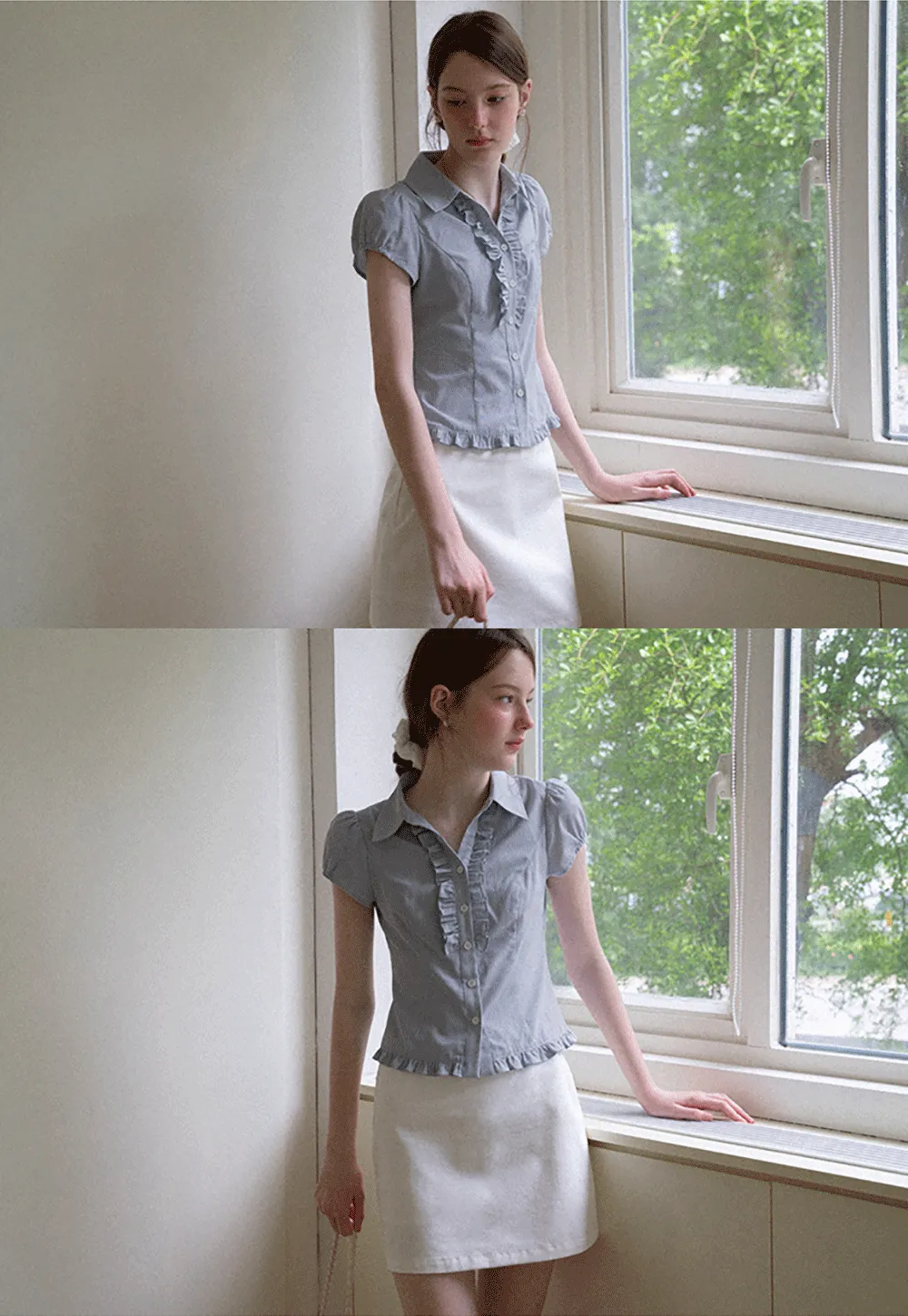 Ruffled Trim Cropped Short Sleeve Button Up Shirt