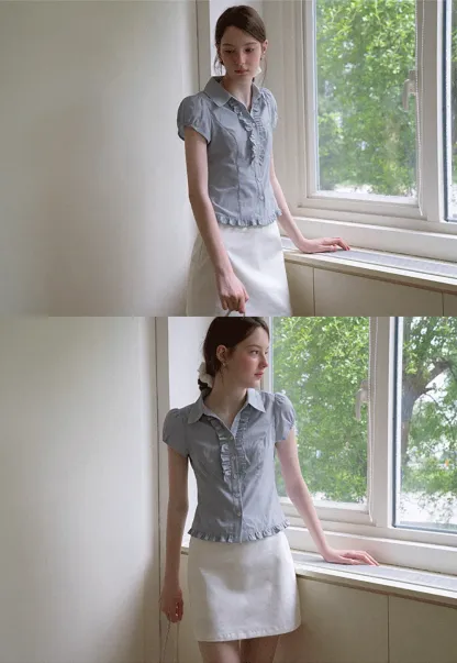 Ruffled Trim Cropped Short Sleeve Button Up Shirt