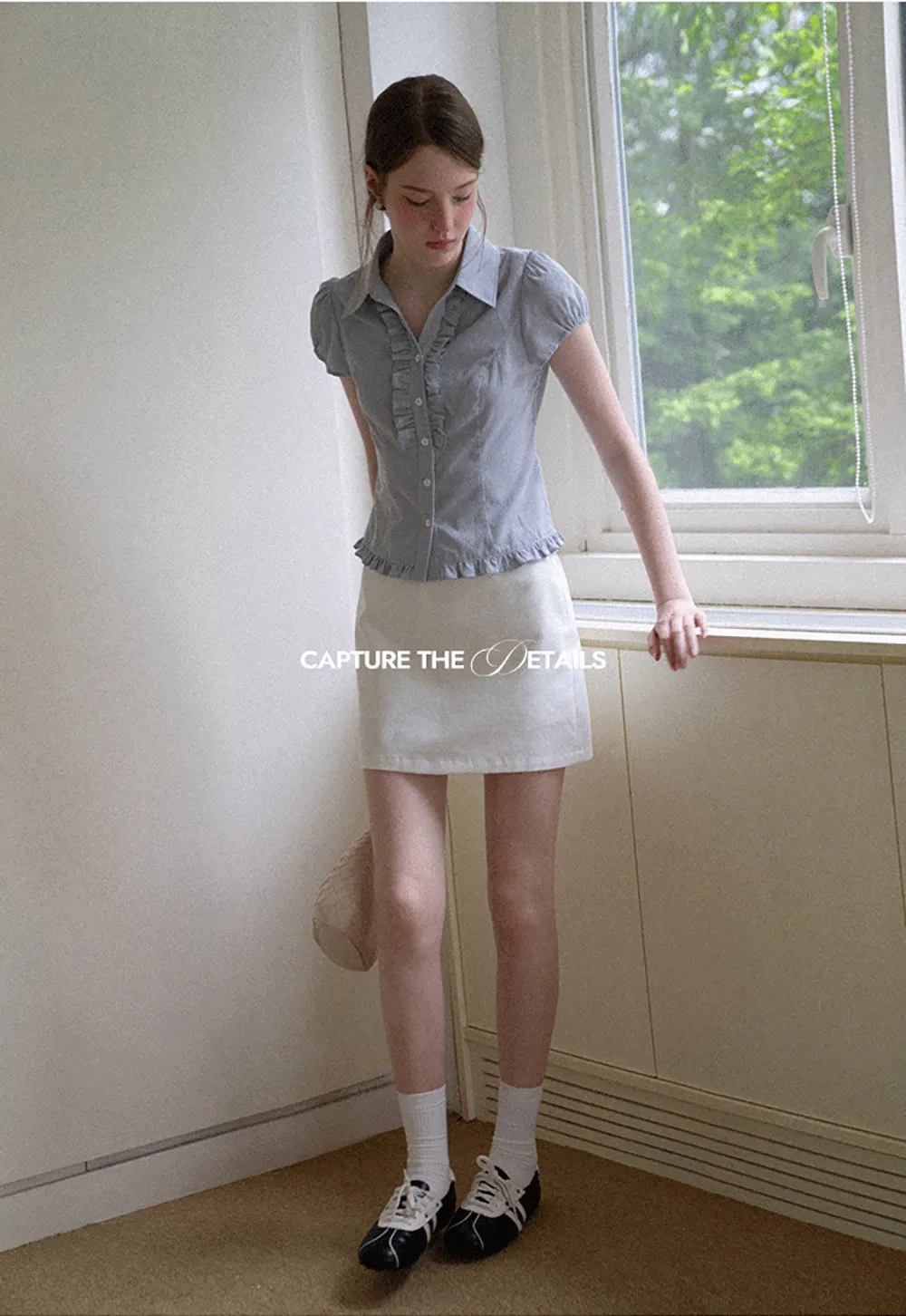 Ruffled Trim Cropped Short Sleeve Button Up Shirt