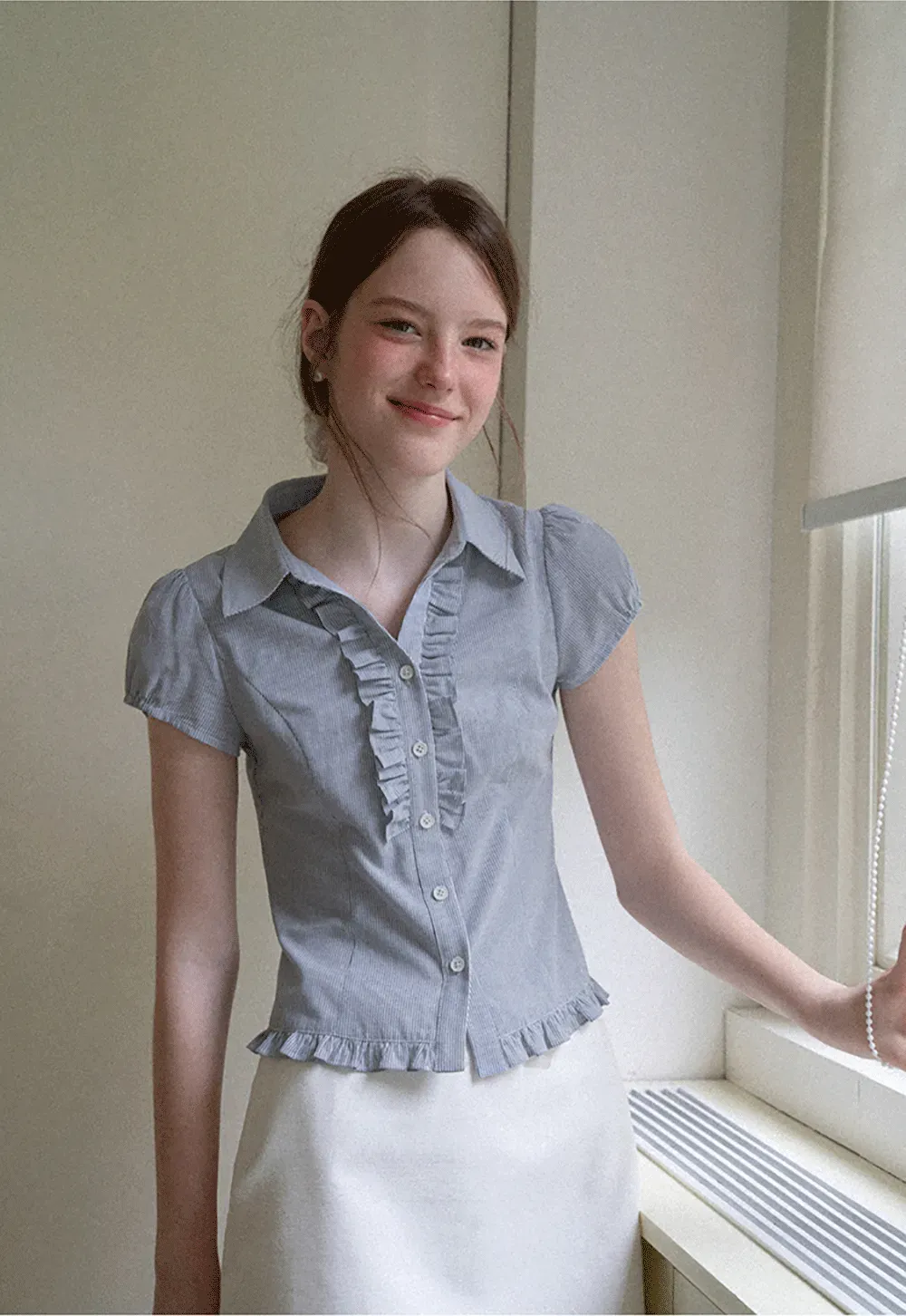 Ruffled Trim Cropped Short Sleeve Button Up Shirt