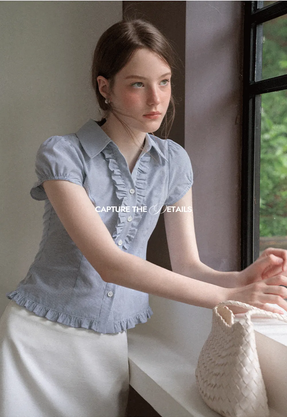 Ruffled Trim Cropped Short Sleeve Button Up Shirt