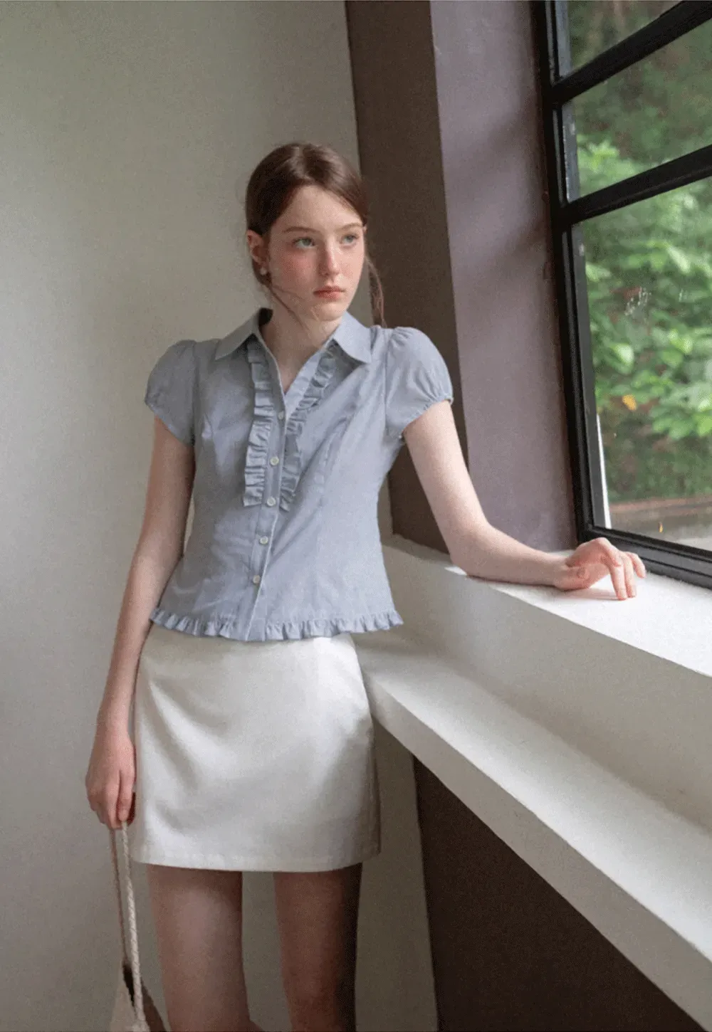 Ruffled Trim Cropped Short Sleeve Button Up Shirt