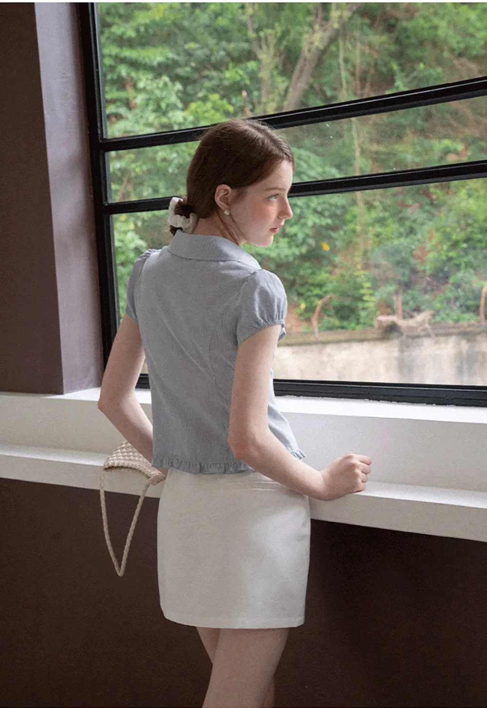Ruffled Trim Cropped Short Sleeve Button Up Shirt