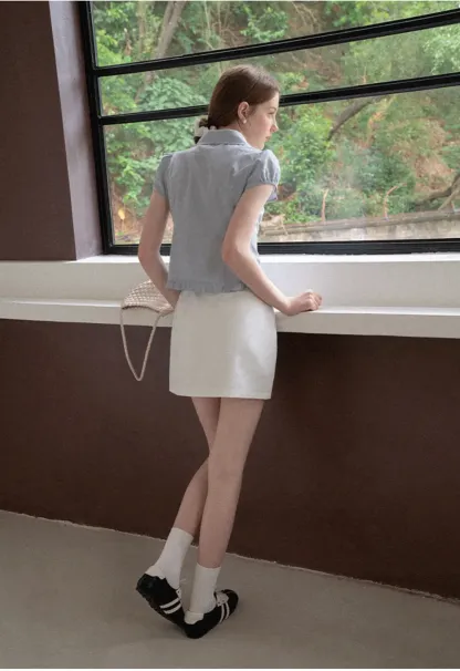 Ruffled Trim Cropped Short Sleeve Button Up Shirt