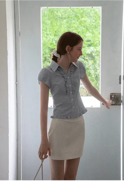 Ruffled Trim Cropped Short Sleeve Button Up Shirt