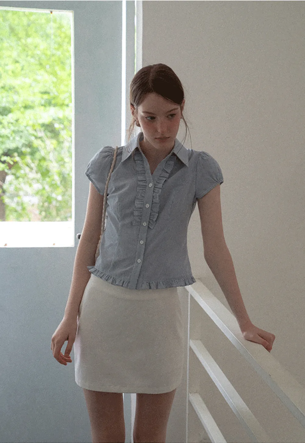 Ruffled Trim Cropped Short Sleeve Button Up Shirt