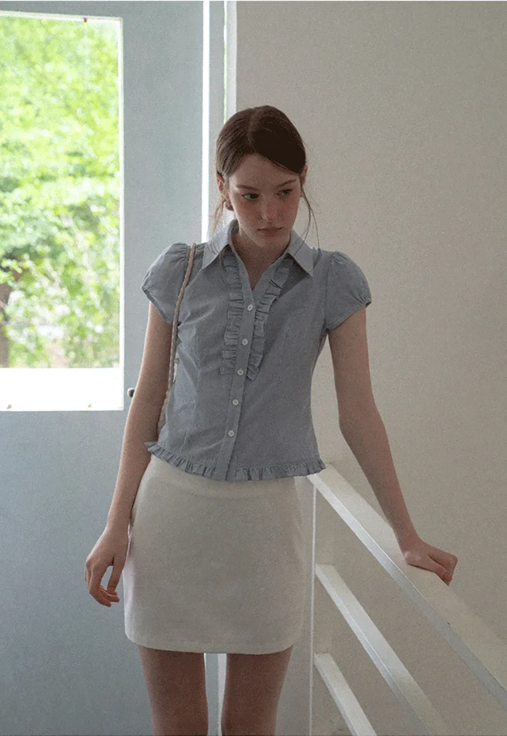Ruffled Trim Cropped Short Sleeve Button Up Shirt