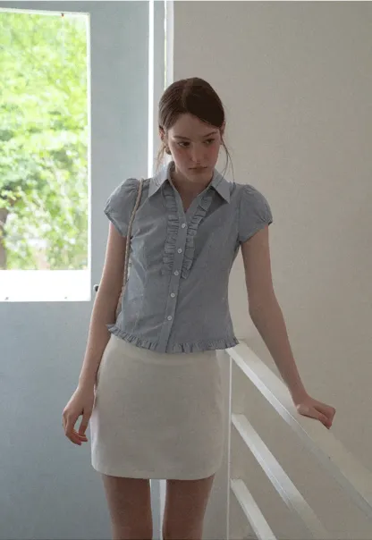 Ruffled Trim Cropped Short Sleeve Button Up Shirt