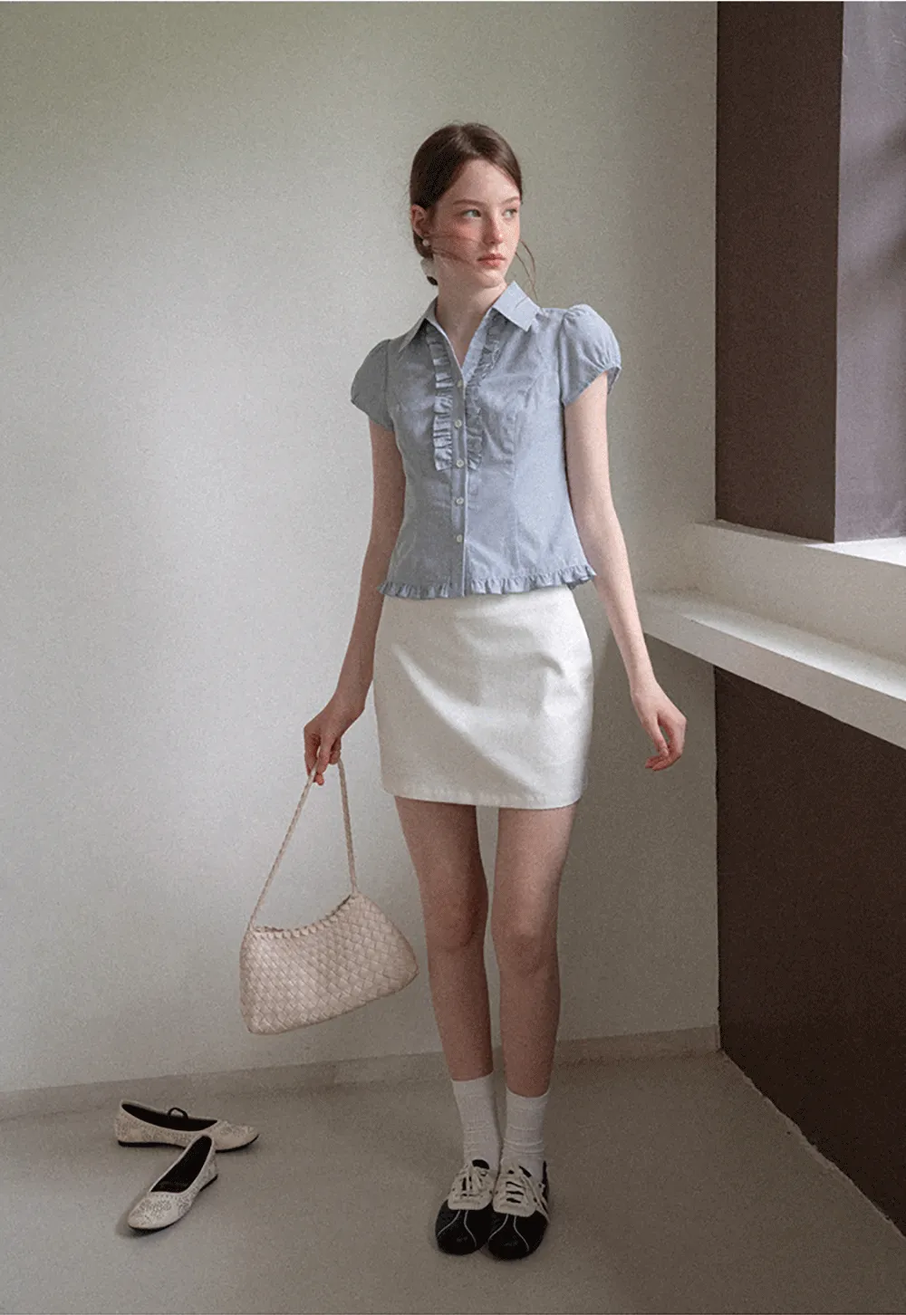 Ruffled Trim Cropped Short Sleeve Button Up Shirt