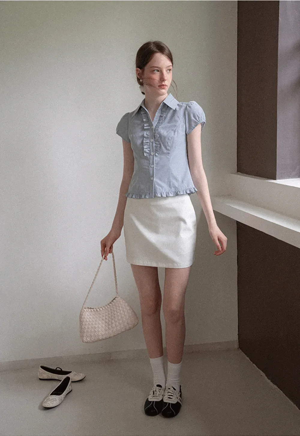 Ruffled Trim Cropped Short Sleeve Button Up Shirt
