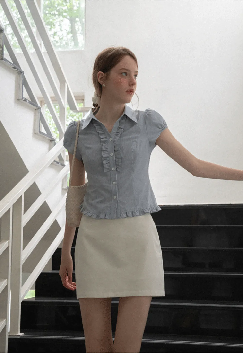 Ruffled Trim Cropped Short Sleeve Button Up Shirt