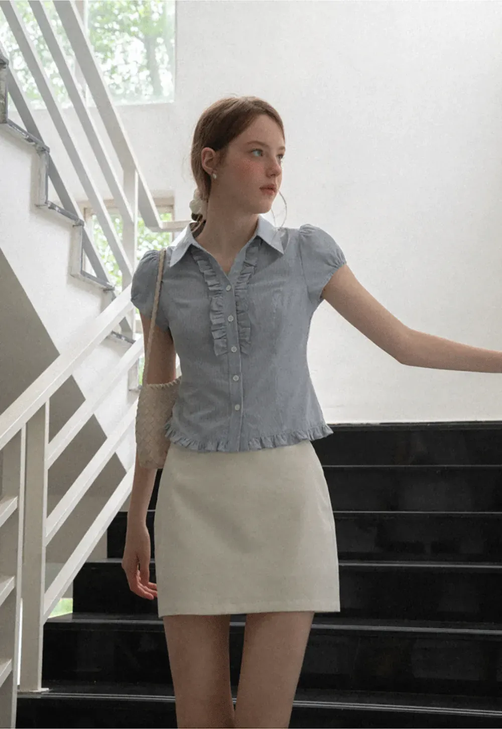 Ruffled Trim Cropped Short Sleeve Button Up Shirt