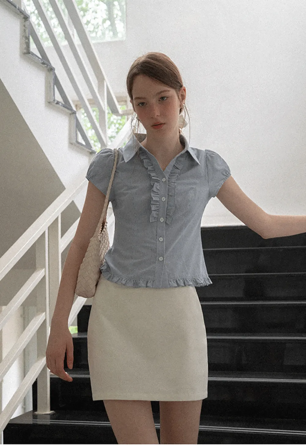 Ruffled Trim Cropped Short Sleeve Button Up Shirt