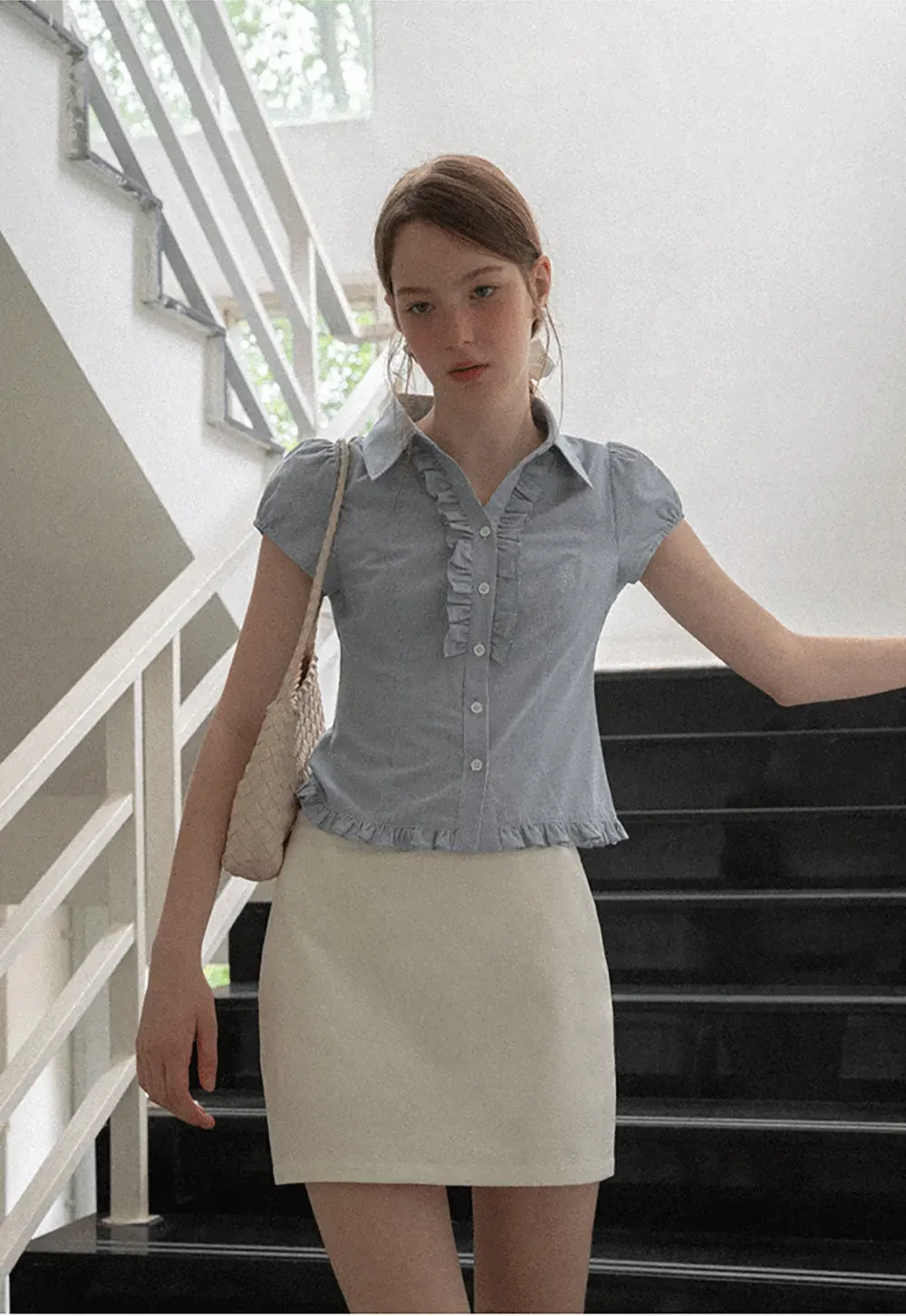 Ruffled Trim Cropped Short Sleeve Button Up Shirt