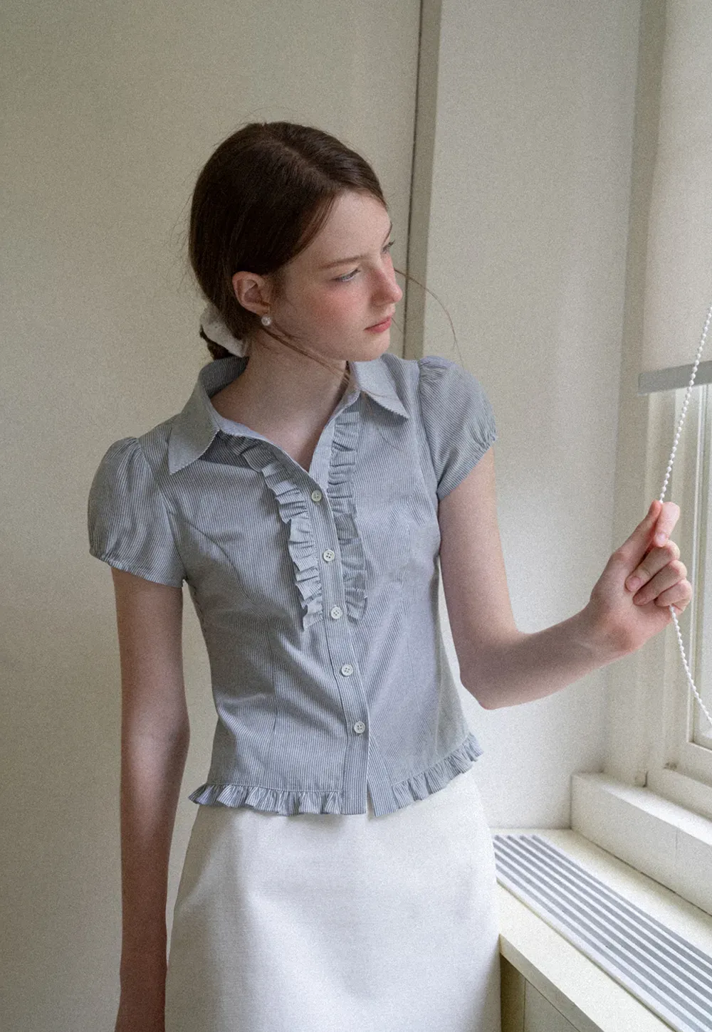 Ruffled Trim Cropped Short Sleeve Button Up Shirt