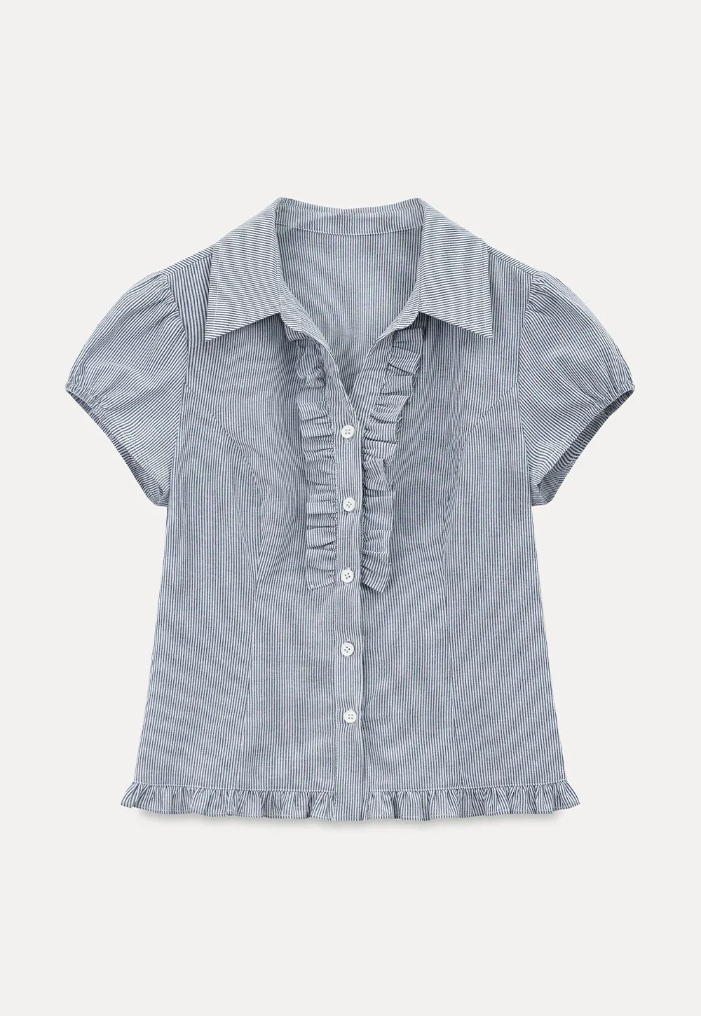 Ruffled Trim Cropped Short Sleeve Button Up Shirt