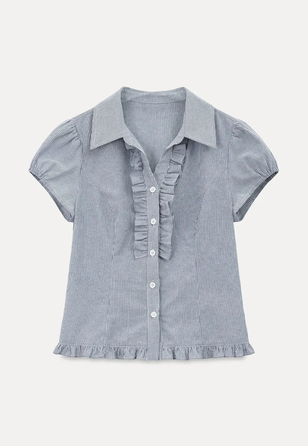 Ruffled Trim Cropped Short Sleeve Button Up Shirt