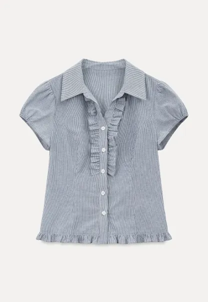 Ruffled Trim Cropped Short Sleeve Button Up Shirt