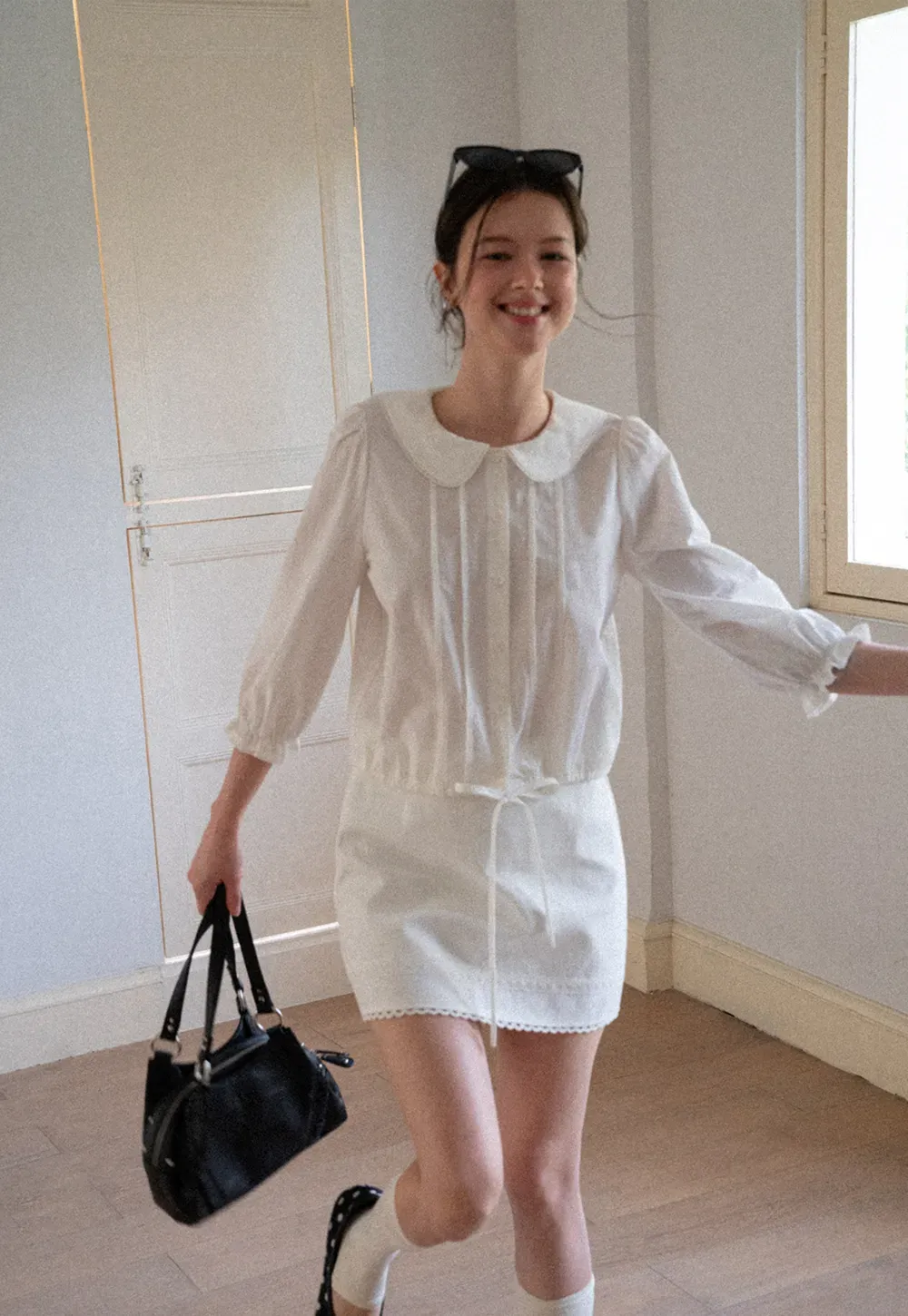 Peter Pan Collar Puffed Sleeve Drawstring Shirt