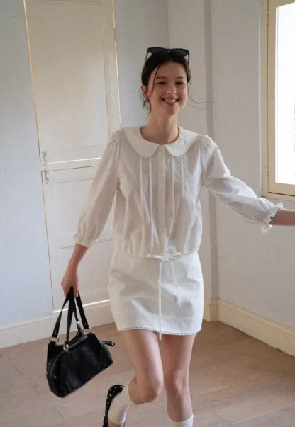 Peter Pan Collar Puffed Sleeve Drawstring Shirt