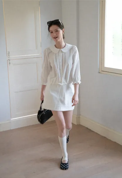 Peter Pan Collar Puffed Sleeve Drawstring Shirt
