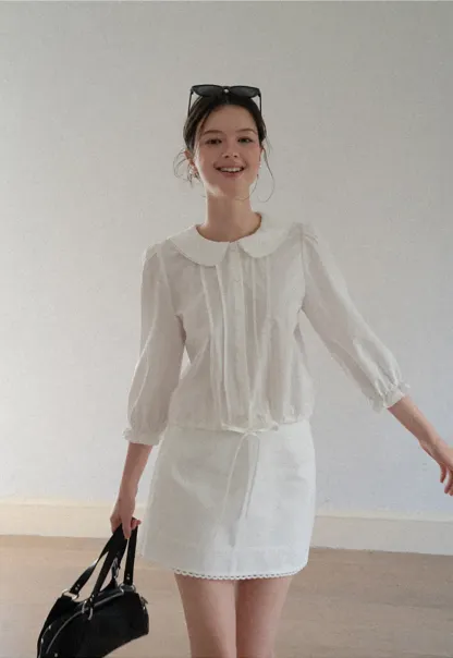 Peter Pan Collar Puffed Sleeve Drawstring Shirt