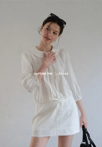 Peter Pan Collar Puffed Sleeve Drawstring Shirt