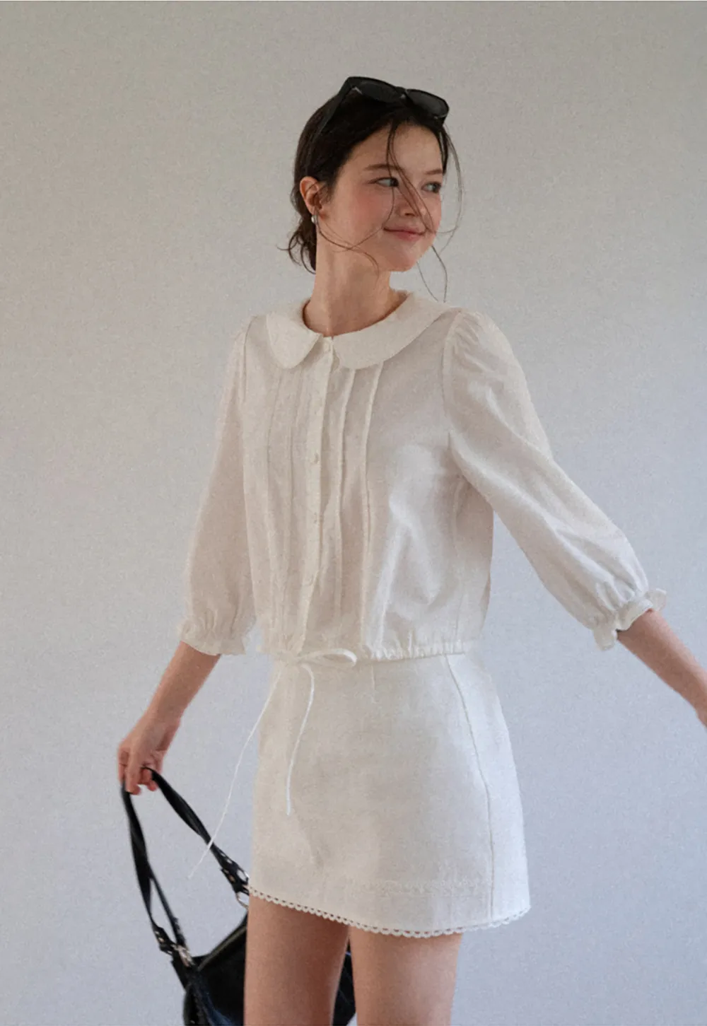 Peter Pan Collar Puffed Sleeve Drawstring Shirt