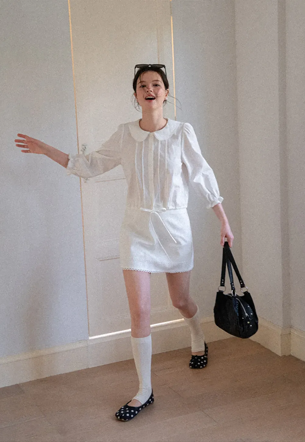 Peter Pan Collar Puffed Sleeve Drawstring Shirt