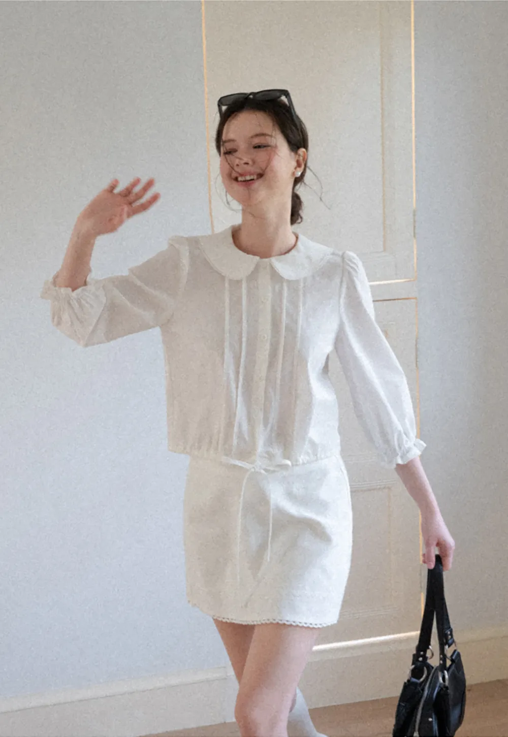 Peter Pan Collar Puffed Sleeve Drawstring Shirt