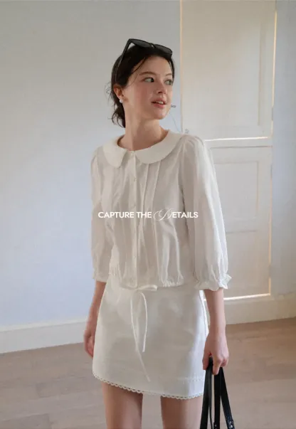 Peter Pan Collar Puffed Sleeve Drawstring Shirt