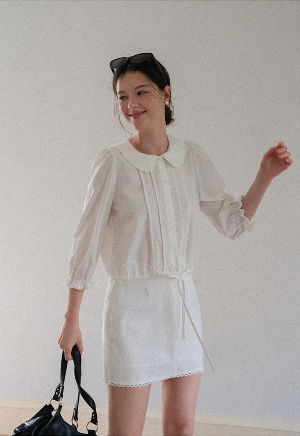 Peter Pan Collar Puffed Sleeve Drawstring Shirt