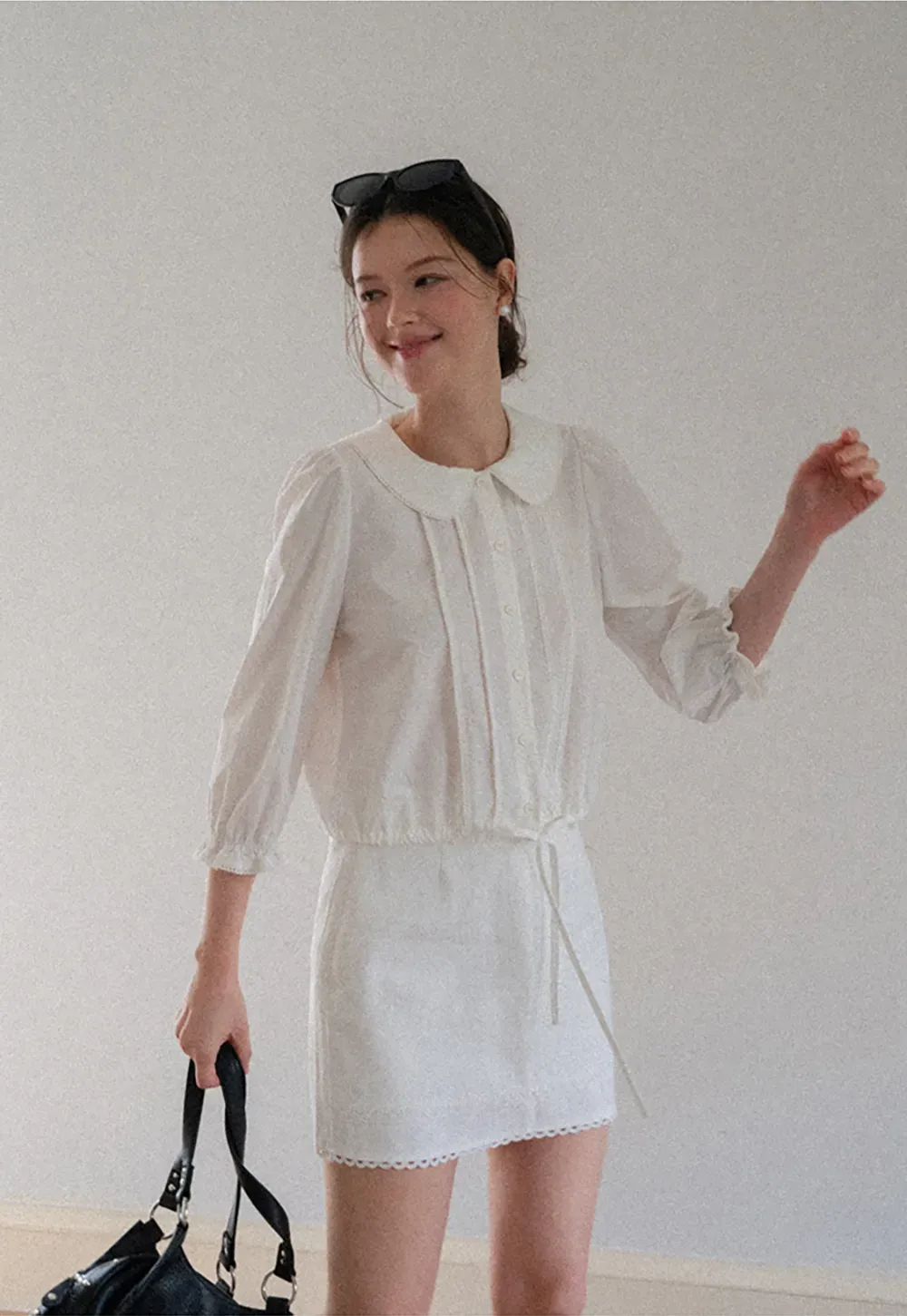 Peter Pan Collar Puffed Sleeve Drawstring Shirt